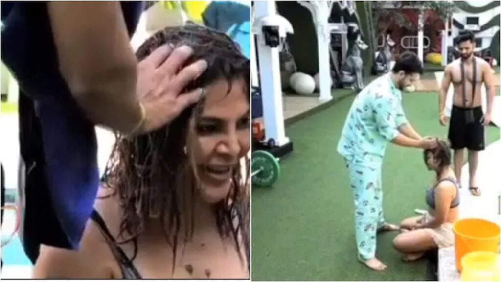 Rakhi sawant Rakhi Sawant receives a headwash from Rahul Vaidya and Aly Goni