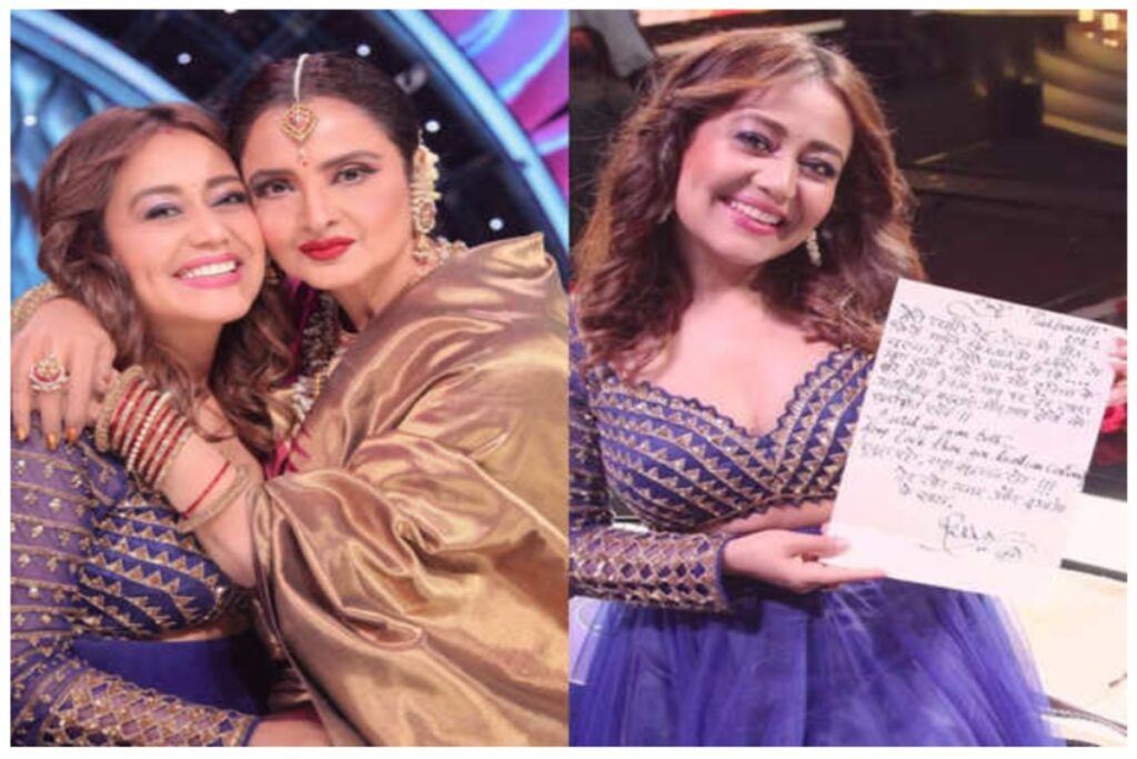 Rekha gifts a hand-written note to Neha Kakkar and Rohanpreet; writes ‘Wishing you more love than your heart can contain’
