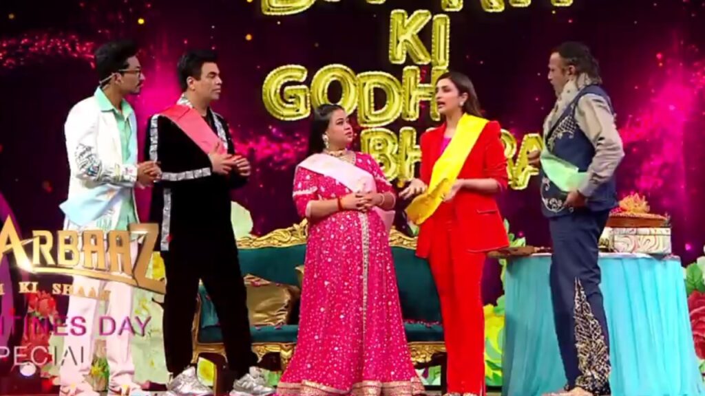 Hunarbaaz judges Karan Johar, Parineeti Chopra, and Mithun Chakraborty surprised Bharti Singh by celebrating her special ‘godh bharai’ function on the show